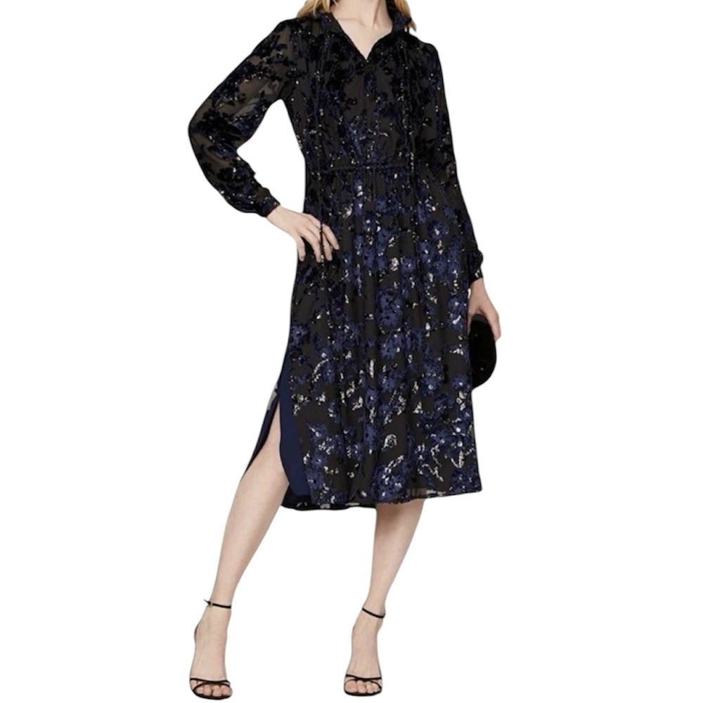 Adam Lippes Burnout Velvet Dress Floral Long Sleeve High Tie Neck Size 2 Holiday
